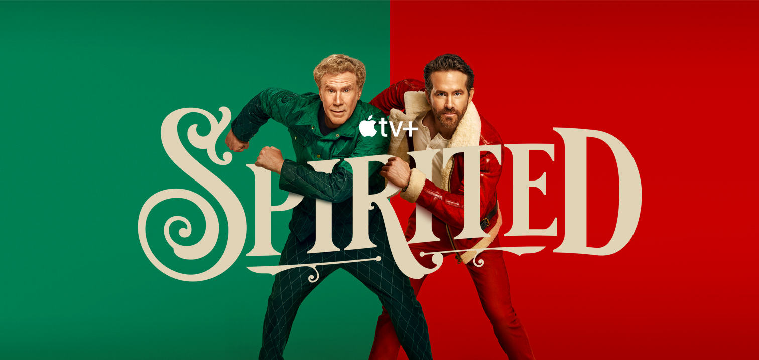 Ryan Reynolds and Will Ferrell running to the scream, representing the new show called Spirited